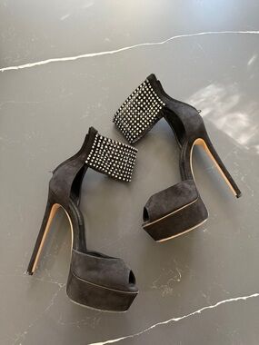 Casadei Black Suede Platform Heel Sandals with Crystal Ankle Cuffs
